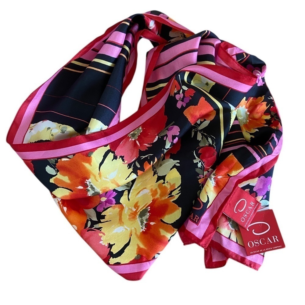 Oscar de la Renta NWT 100% Silk Dark Floral Pink Black Red Yellow Long Scarf
